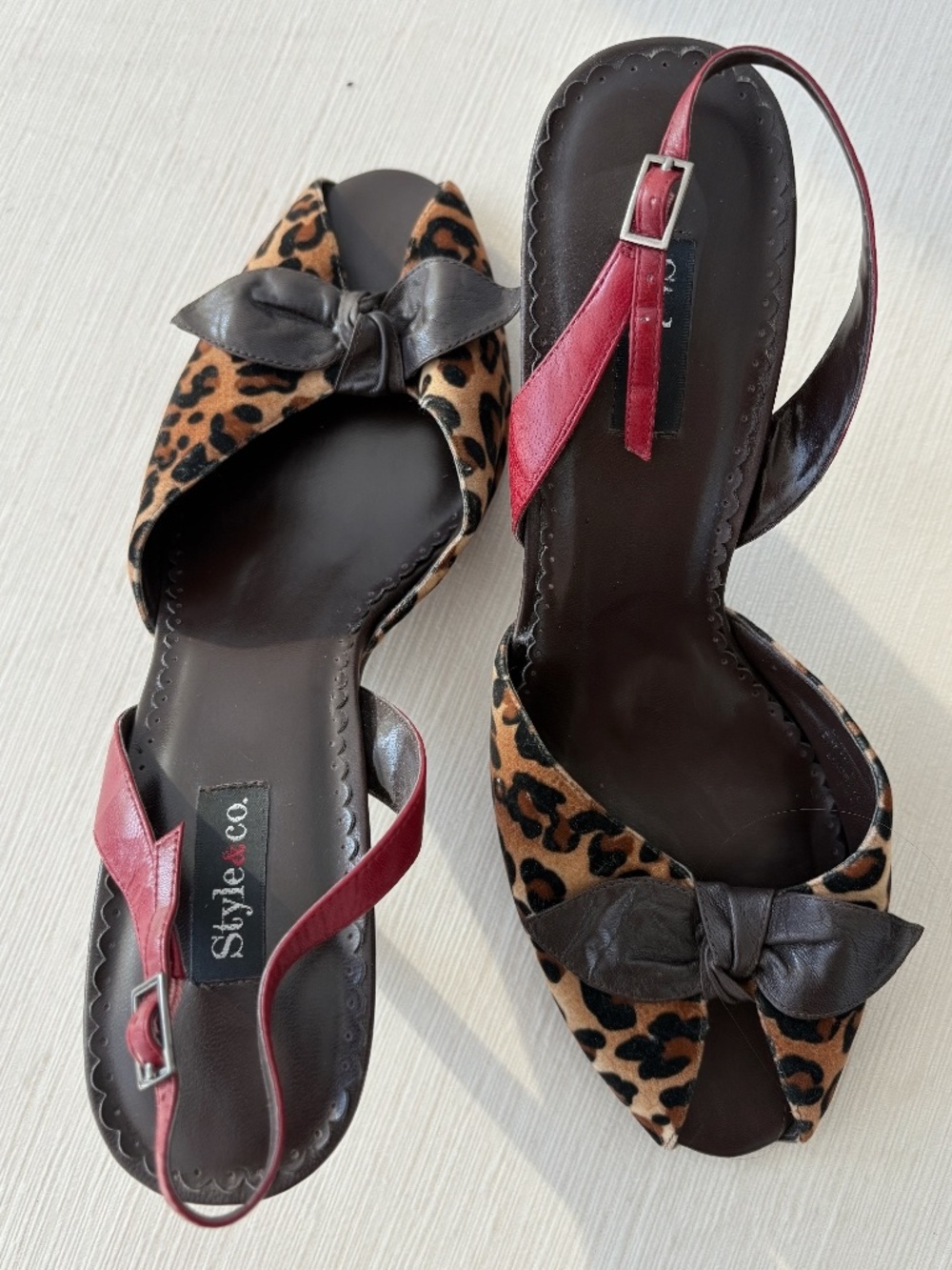 Style & Co Leopard Print Slingback Heels Size 8 Leather Bow Animal Print 3” Heel